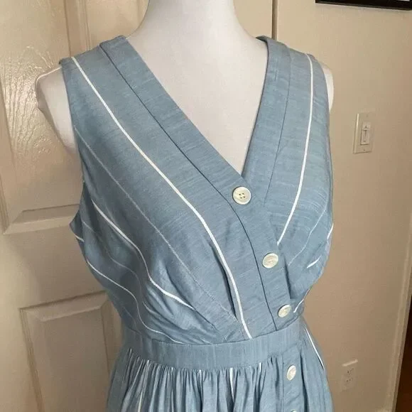 Gal Meets Glam Collection Button Front Surplice Dress Blue With White Stripes Si - Picture 5 of 14